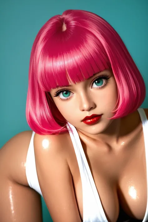 1 young asian girl, pink hair, teal eyes, solo, bob cut, short hair, portrait, closed mouth, bangs, blunt bangs, red lips, shiny skin, perfect breasts, cleavage, plunging neckline, style retro classic, illustrated anime, from behind, tight round butt, look...