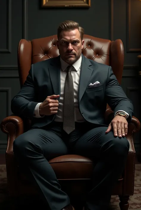  Muscular man, wearing a suit,  sitting in a chair, lateral angle