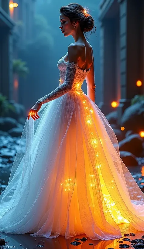 full body shot, wide angle shot, evening gown made of ice and fire, extremaly detailed, ice and fire together, fantasy art, realistic, beautiful model presenting a gown made of ice and fire, (best quality,4k,8k,highres,masterpiece:1.2),ultra-detailed,(real...