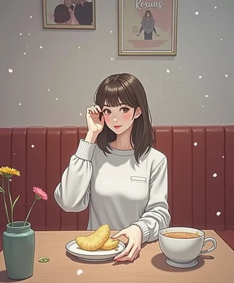   sitting at a table 女性が食べ物を持ってテーブルに座っています, Enjin album cover ,  Instagram ,  what is it ？, ❤🔥🍄🌪, sitting alone in a cafe,  relaxed mood, relax,  sit back relax and be happy, Home Settings,  Relaxed Atmosphere ,  Seated Alone in a Cafe ,  relaxed posture ,...