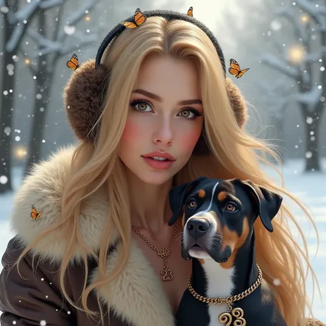 Blonde woman with long hair 30 years old brown eyes. Fur earmuff. Maquillage de soirée. fur coat . In the snow . Beaucoup de papillons dans ses cheveux. A necklace in the shape of the number 23. A brindle black pit bull and a second brown and white pit bul...