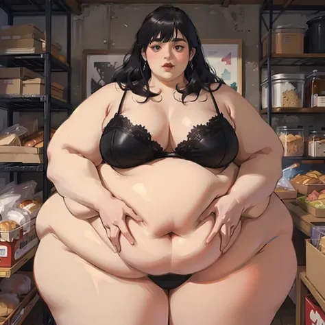 (realistic:1.2), high aesthetic, beautiful young womam, USSBBW, (morbidly obese, fatblob:1.4), tired expression, gigantic belly, panties, nude, surrounded by by junk food, long black hair, black lipstick, huge lips