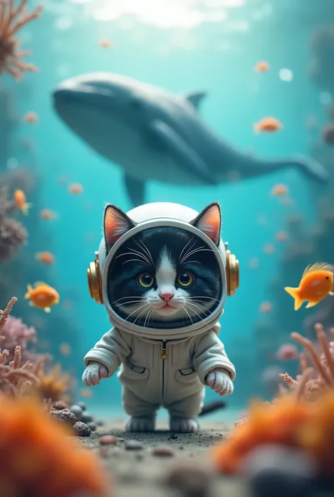 A small, white and black kitten, wearing a white wetsuit, the helmet with a glass visor. In the background, colorful fish and a beautiful humpback whale