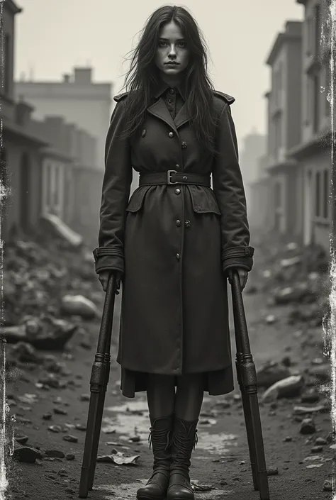 An old black and white photo with scuffs and scratches. The highest quality (10K, high resolution, masterpiece: 1.5), excellent detail (realistic, photorealistic image). A beautiful woman with one leg leans on worn-out old crutches.  Slavic type of face. T...