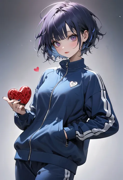 illustration, (((Give heart chocolates))), (short hair), Indigo Hair, (Blue sweatpants:1.3), (The jacket is a blue track jacket:1.3), (High Definition, masterpiece, Accurate, top quality, High Definition model, high detail, (((The textures are soft))), ((m...