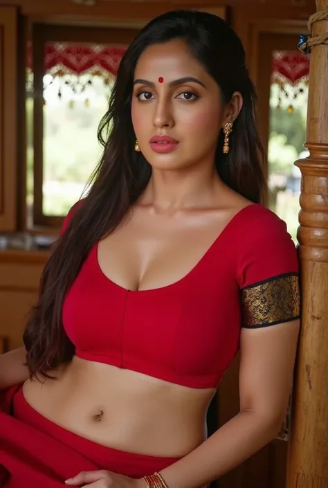 Hot curvy women, sitting in wooden bed tied of ropes,in a red designer blouse and black design saree,inside a hut,blue eyes,thick black eyeliners,eyelashes,red glossy lips,gold bangles in hand,both hands rested in wood of bed, looking straight into camera,...