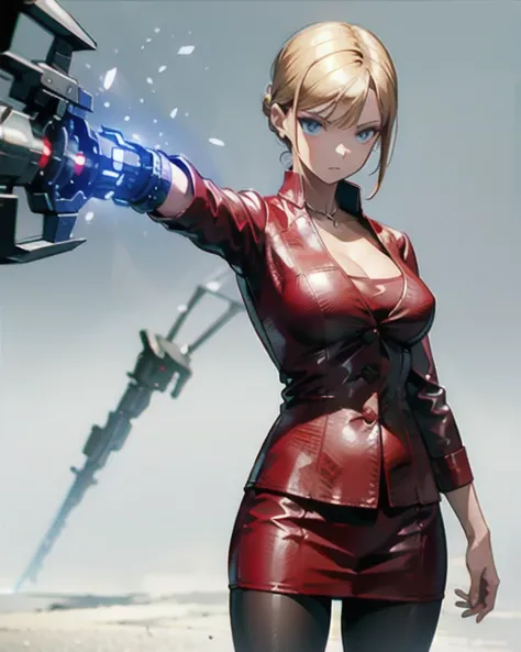  terminator、 Terminatrix .T-X、 machine arm ,  anime style,  Japanese illustration style,  Unreal Engine, blonde,  big breasts,  expressionless,  1 girl, Battle Scene 、 suit、 tight skirt、 pantyhose、 high image quality、 beautiful face、 excellent style、simple...