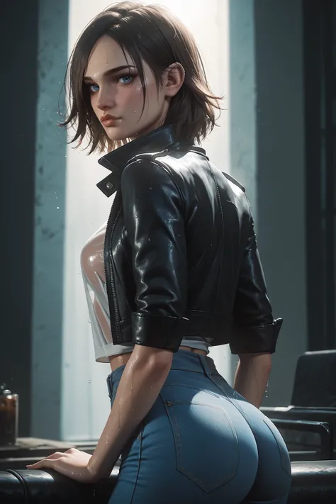 TEW2Juli, 1girl, brown hair, blue eyes, skinny, sexy, looking at viewer, seductive, small ass, tight jeans, black leather jacket, sweat soaked shirt, lots of sweating, warm light, nostalgic and peaceful feeling, score_9, score_8_up, score_7_up, score_6_up