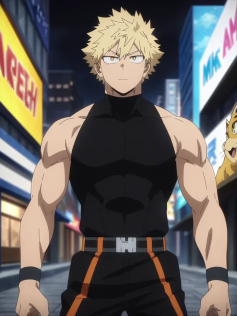 (masterpiece, best quality, anime, anime coloring:1.3, superhigh res). ((A muscular man with short blond hair with long bangs and handsome golden cat-eye eyes)). Big city avenue background, colorfull.

My Hero Academia character, MHA style, anime style, my...