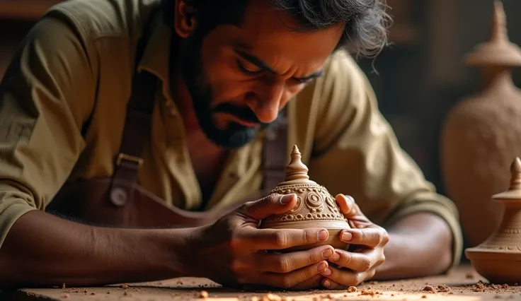  Close of Madhav's hands molding a clay lamp with extreme skill and care, detailing every curve and ornament .