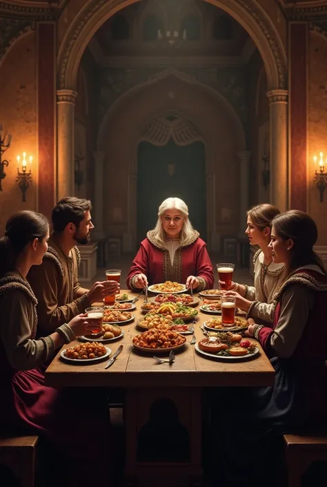  Create an image of a meal in a medieval dining room with 5 people , two men in their 30s ,  two women in their 30s and a woman over 79 years old in the middle ages