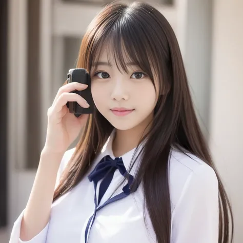  An Asian woman in uniform is taking a photo,   Beautiful Anime High School Girl ,   beautiful Japanese girl  ,  realistic young gravure idol , Real life anime girl,  girl cute pretty face,  super real high school girl ,   cute natural anime face  ,  Nam J...