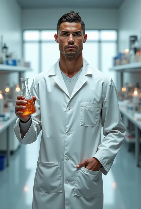 I want Cristiano carrying a lab bottle and a chemical lab coat 