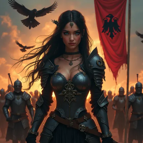 (dungeons and dragons), fantasy, sexy young woman, blue eyes, black elegant hair, sexy plate armor with embroidery, hair ornament, choker, sword in hand, red cape, leading soldiers in battle, orange sky with dark clouds, ravens, dread vibes, red banner wit...