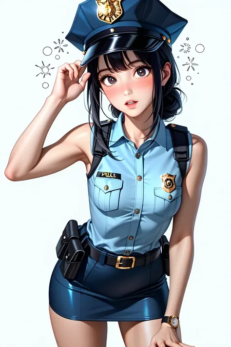  Japanese beautiful girl ,(It's 1 :2.0),( Watch Viewers :1.0),(sleeveless collared police shirt:1.1),( police officer micro mini skirt standing in a natural pose:1.1),( slender body:1.2),(Surprised:1.0),real skin ,small breasts,  Shiny Black Hair, Super De...