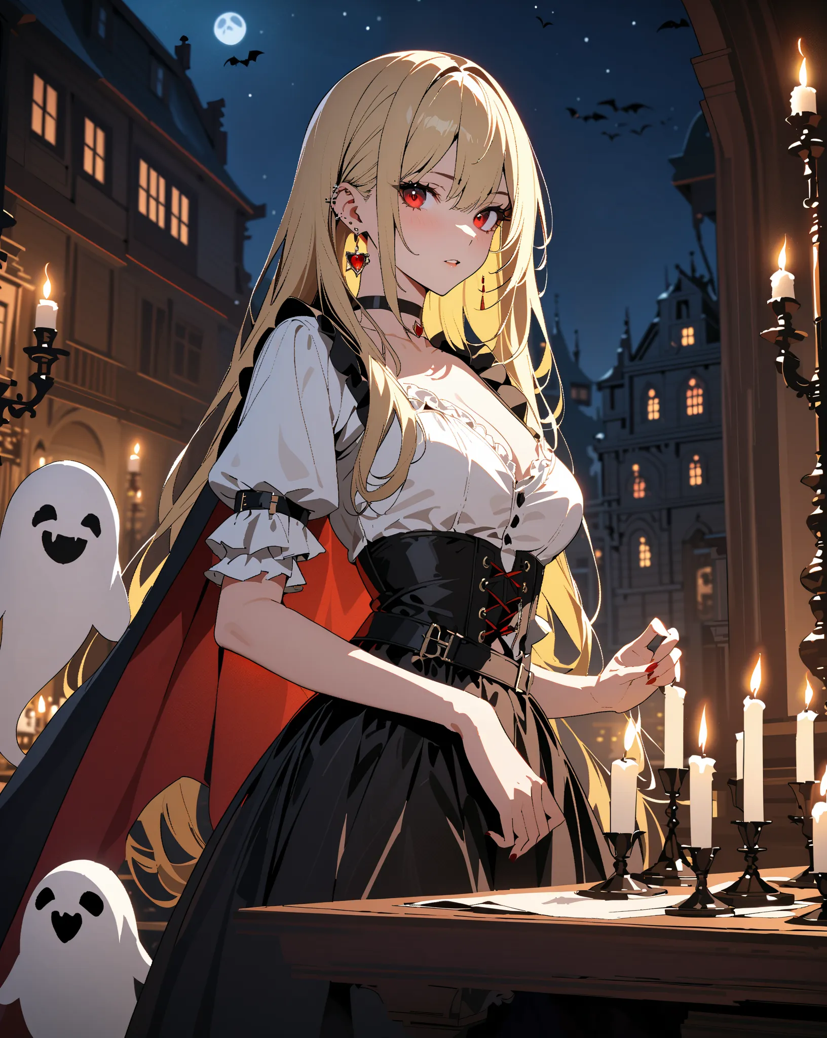 vampire, Late Night, Western-style building, candle, ghost, ghost屋敷,  kitagawa marine,  1girl , blonde hair, long hair, multicolored hair, red eyes, jewelry, earrings, piercing, black choker, masterpiece:1.5, masterpiece, highest quality, UHD, retina, mast...