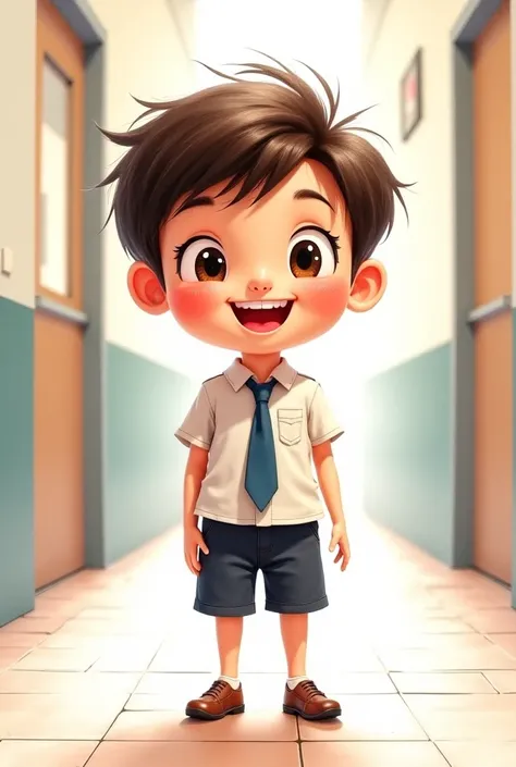 Animated water color cute chibbi boy wearing school uniform smiling widely standing after corridor