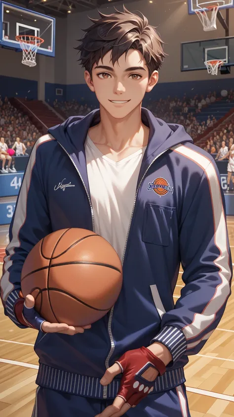 1Man，Alone， male focus，dark hair， tall body ， fingertip gloves ， Dark Hooded Track Jacket， Light Round Neck Shirt ，Brown eyes，Upper body，Right Hand Holding Basketball ，Left hand slip pocket，Smile，basketball court，dusk