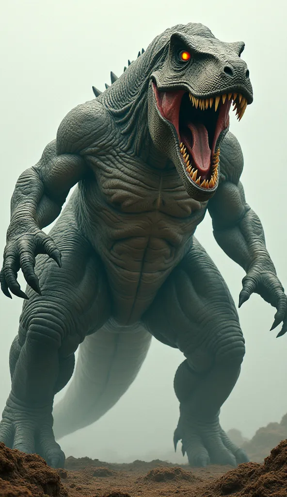 A colossal masculine human merged with a Tyrannosaurus Rex, his skin layered with thick, scaly armor, massive jaws filled with jagged teeth, and glowing reptilian eyes burning with ancient rage. His bulging muscles radiate primal power, as he roars directl...