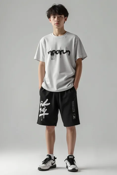 Create a visualization of a t-shirt and shorts made of cotton, a plain black, white and grey t-shirt with a unique drip logo and lettering coming over the pants 