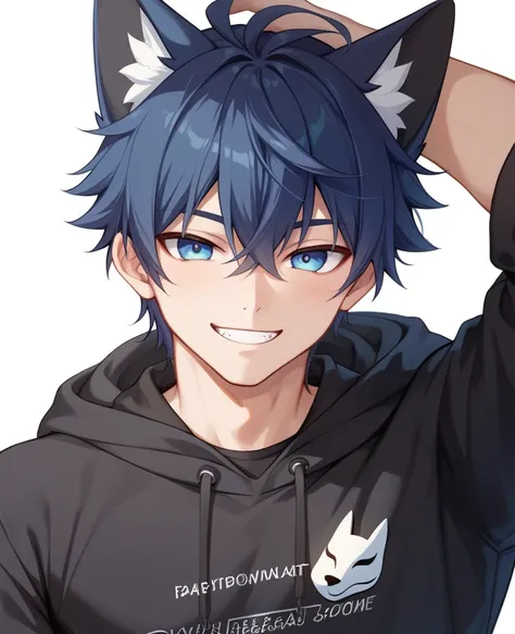 1 male、 wolf cut hair、 dark blue hair with black mesh、stupid hair、 black hoodie、Blue and black odd eyes、smile、Black Fox Mask 