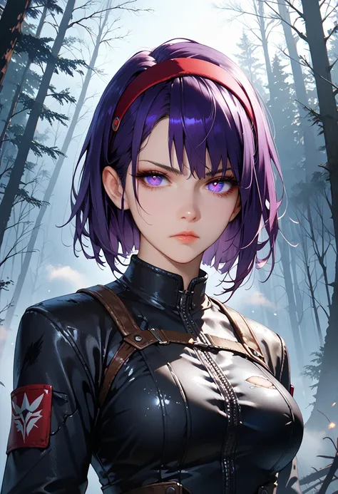 1 woman, pale skin, solo, dutch angle, purple hair, violet eyes, (beautiful detailed eyes: 1.2), dark red headband, cold stare, medium breasts, torn uniform, military, futuristic, serious expression, fog, forest, masterpiece, high quality, highly detailed