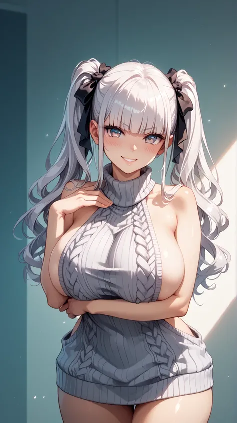 detailing face, detailing body, hair over eyes, 1 girl, standing alone, hands, beautiful woman, Asian, thick, Virgin killer, ptinta eyes, white hair ptinta locks, twin tails, hidden curves, huge Breasts, full covering sweater, Sexy pose, curvy body, calm f...