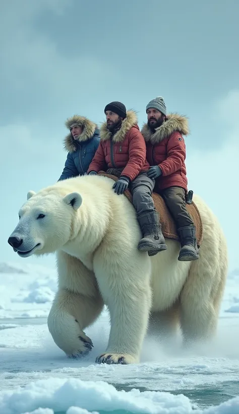 Three Eskimos are riding a giant polar bear back to their ice village.