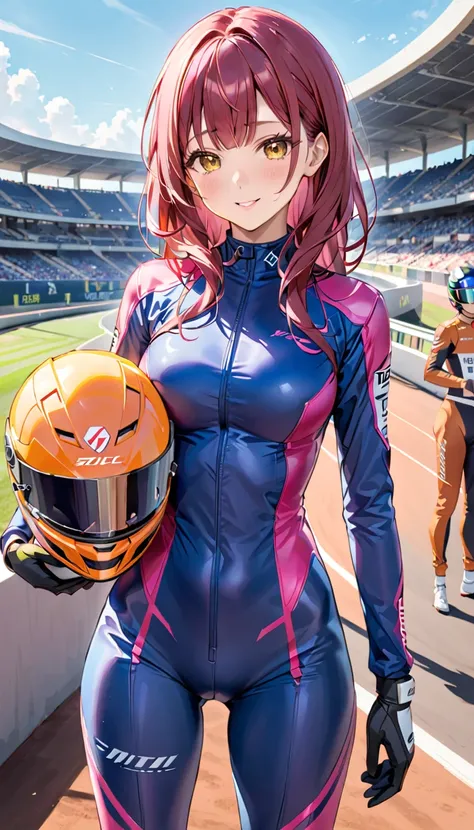 The background is a racetrack pit、A flashy rider suit with yellow as the main color、The chest is open、 holding a helmet 