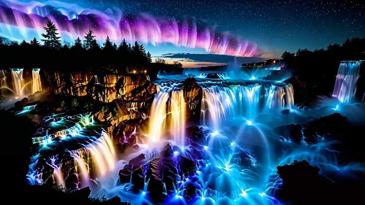 A masterpiece in 32K resolution , Top Quality , very detailed, realistic expression, high-resolution 32K wallpaper , shot with a fisheye lens , The flow of many layers of waterfall , Niagara Falls , spectacular scale ,A very high waterfall with ...