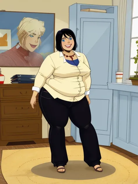 Parker kovack (big fat body), incredibly detailed , Black hair,blue eyes, Medium Hair,
 white,collar,pantalones,
 Smile,
 indoors,
( incredibly detailed ,  obra maestra,  the best quality),Alone ,