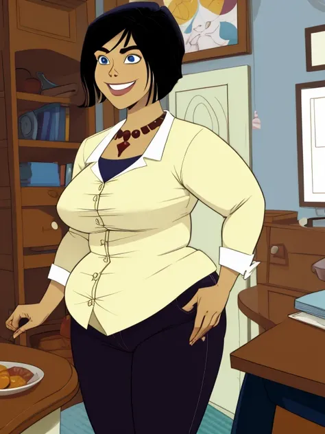 Parker kovack (big fat body), incredibly detailed , Black hair,blue eyes, Medium Hair,
 white,collar,pantalones,
 Smile,
 indoors,
( incredibly detailed ,  obra maestra,  the best quality),Alone ,