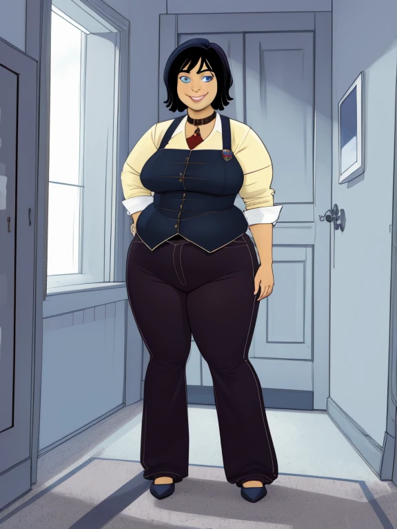 Parker kovack (big fat body), incredibly detailed , Black hair,blue eyes, Medium Hair,
 white,collar,pantalones,
 Smile,
 indoors,
( incredibly detailed ,  obra maestra,  the best quality),Alone ,