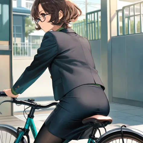 masterpiece,best,(1 woman,30 years old, Pudgy Body, black tights,green Shirt,black jacket),dark brown hair, short wave hair,,(black-rimmed glasses),(black tight skirt),Ride a bicycle,upper body,School main gate,School building