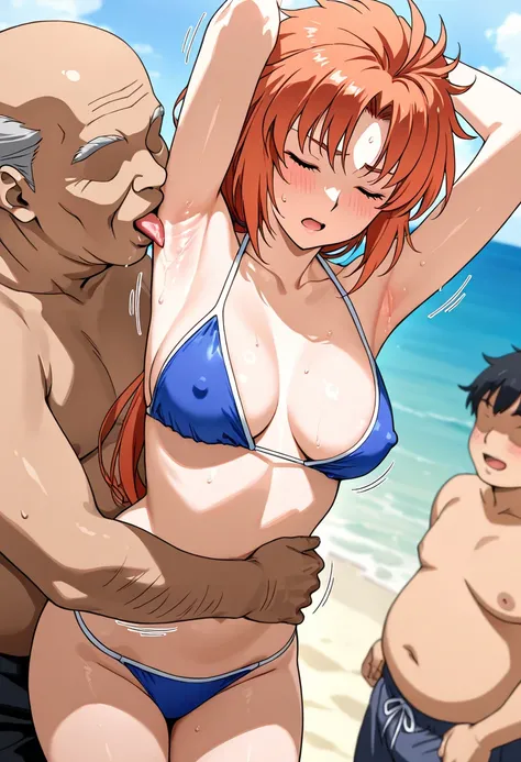  medium breasts、Husband,long hair,orange pink hair,purple eyes,ponytail,Marida Cruz、Mobile Suit Gundam Unicorn、motion line、 Anime Coloring、mature female、1koma、 Masterpiece、 high quality、 high image quality、 pretty finger、 detailed face、On the beach、 bikini...