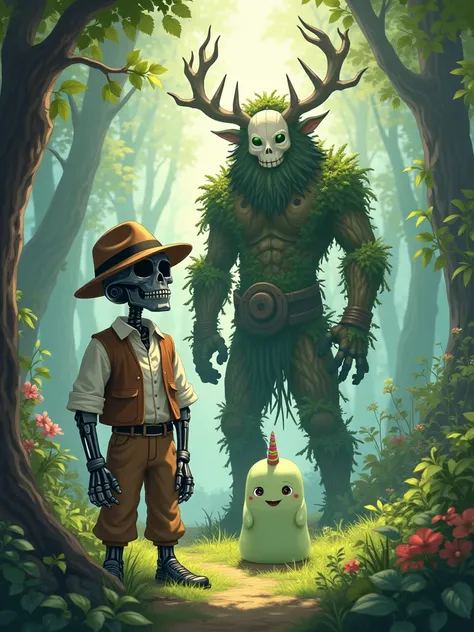 An realistic RPG-style illustration featuring three distinct characters standing in a lush, vibrant forest with sunlight filtering through the trees. In the foreground, the characters are distinctly arranged:  
Zero>Yggor>Gominho.
- **Gominho**: A cute, li...