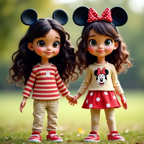  realistic photo the image shows two girls friends of  in a park and girl playing Caucasian,  very long curly black hair , combed eyebrows,  black eyes,  profiled nose,  dark leather. Iberian girl , blushed skin ,  green eyes,  wavy brown hair,  flat blush...