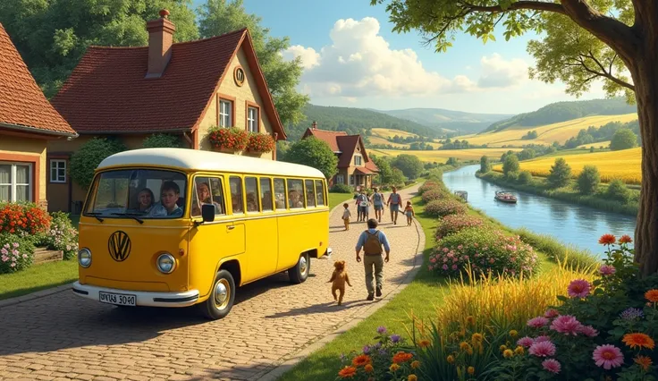 The yellow bus moves through a quaint rural village, where charming cobblestone streets wind through the heart of the village, lined with cottage-style houses adorned with flower boxes filled with bright petunias, geraniums, and sunflowers. The village squ...