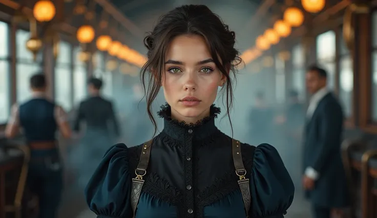 A young, light-skinned woman, centered in the frame, is depicted in a steampunk-inspired setting.  She has shoulder-length, dark brown hair styled in a bun. Her expression is serious and focused, with light makeup highlighting her features.  Her eyes are a...