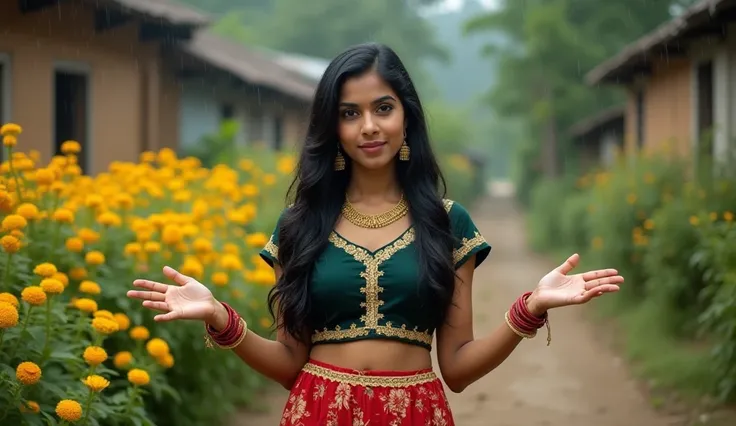 "A beautiful young Indian woman standing on a village pathway surrounded by yellow marigold flowers. She is wearing a traditional outfit with a dark green blouse featuring golden embroidery and a red floral skirt. Her long black hair is open, and she wears...