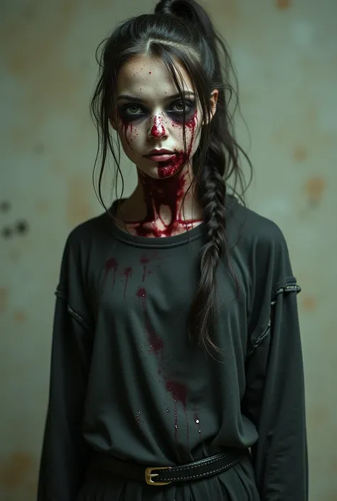  image of a girl disguised as a zombie in the following way :  a high ponytail discarded and peeled crooked for the side ,  the face made up with a pale and subtly greenish tone and the dark circles very marked , and blood stains ,  and clothing, some brok...