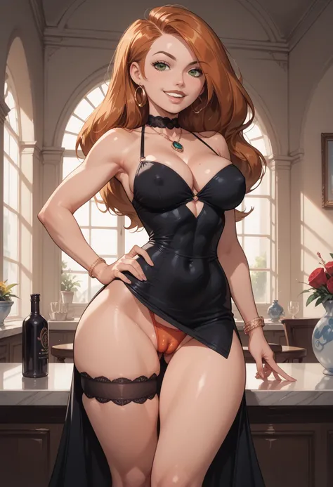 kim_possible, black_dress, short_dress, hand_on_own_hip, solo, seductive_smile, large thighs, cleavage, hot, seductive, (((thigh gap))), slutty, riding up dress, (((cameltoe))), very large hips, voluptuous