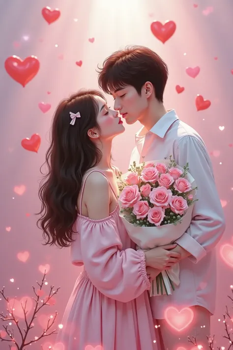  girl in love ，heart-shaped lights,  conceptual art of love , Unanswered Love , Many hearts,  heart effect , Red Hearts, , unreal engine ;  Romantic Theme , Beautiful digital art work, pink dreamy，Heart Rain