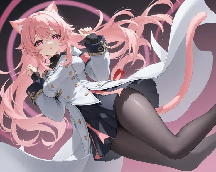 、 best thighs、 Genshin、Dispatched Light Wheel、 beautiful skin、Clear shadows、front、 long coat、 pink hair、salmon pink eyes、 black tights、Cat tail、 Heart Eyes 、 skirt by humili、 raised 、 long hair、 face up 