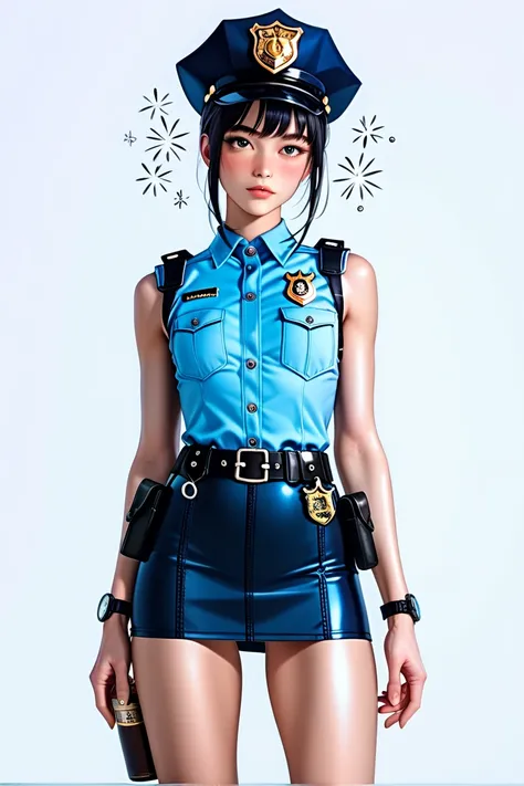  Japanese beautiful girl ,(It's 1 :2.0),( Watch Viewers :1.0),(black sleeveless collared police shirt :1.1),( black police officer micro mini skirt:1.1),( slender body:1.2),(I get hiccups :1.4),real skin ,small breasts,  Shiny Black Hair, Super Detailed Bl...