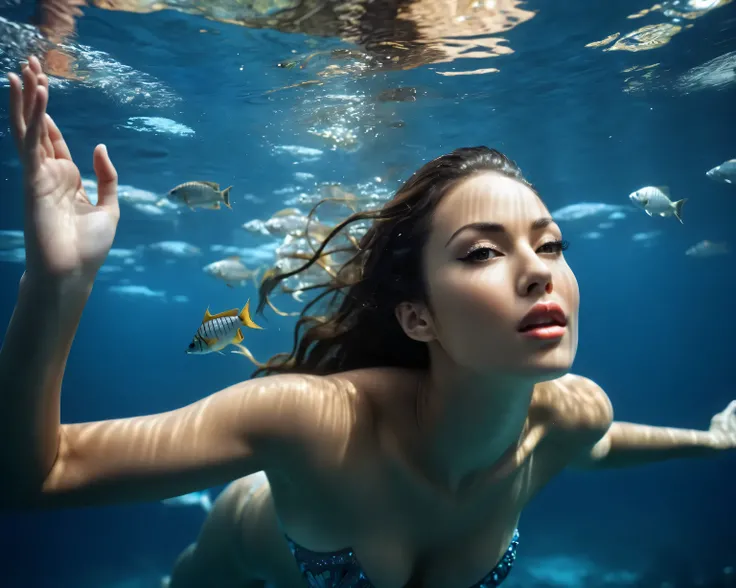 beautiful detailed eyes, beautiful detailed lips, extremely detailed eyes and face, long eyelashes, woman swimming underwater, fish swimming around her, underwater portrait, underwater photography, surreal beautiful young woman, cinematic underwater scene,...