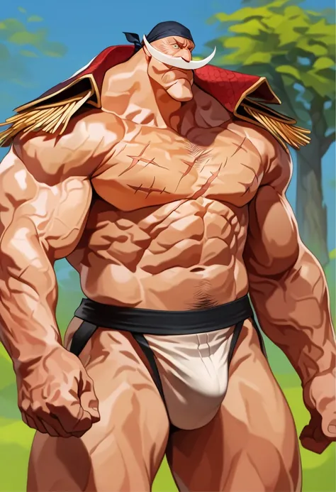 solo, 1boy, Muscular Old man, wide shoulder, shirohige, bandana, chest scar, pectoral, thick arms, chest hair, arms hair, pubic hair, huge pectoral, wide pectoral, sitting on meadow, huge tree background, jockstrap and shirtless, simple background, masterp...