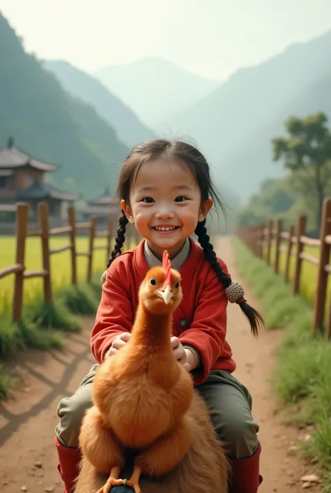 "A realistic image of a young  smiling while riding a small red-colored chick in a traditional Chinese farm setting. The farm features wooden fences, rice paddies, and misty mountains in the background. The lighting is soft and natural, creating a warm and...