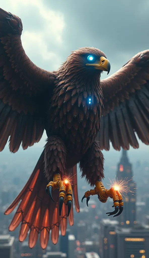 A monstrous hybrid of an eagle and Elon Musk soars over a cyberpunk city, its mechanical wings glowing with energy. Its face is a fusion of Musk’s intellect and an eagle’s predatory gaze, with piercing blue, glowing eyes. Sparks fly from its cybernetic cla...