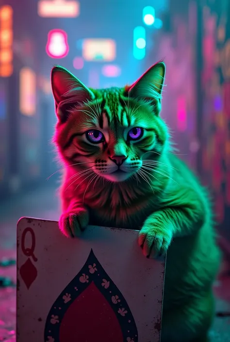 Une scène ultra-réaliste et vibrante d'un chat du joker de batman sans carte dans un environnement coloré et chaotique. Le chat, avec sa fourrure vert fluo frappante, a des traits exagérés et espiègles, notamment un large sourire et des yeux violets brilla...